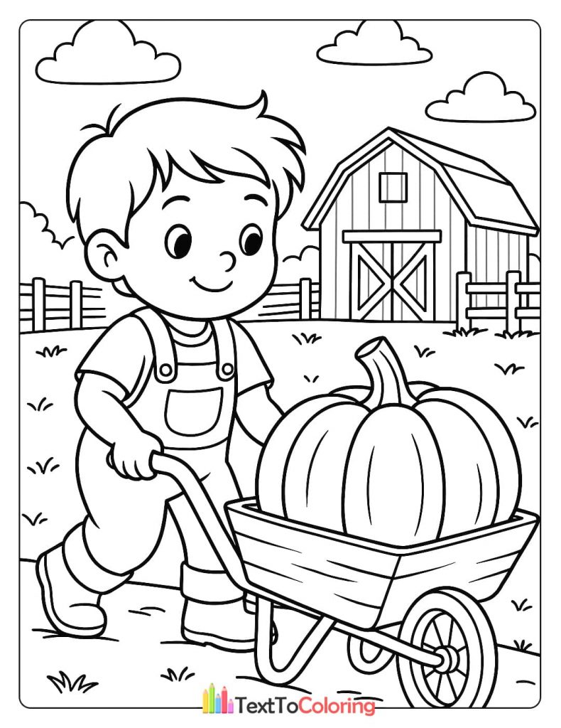 A boy is pushing a large pumpkin in a wheelbarrow on a farm.