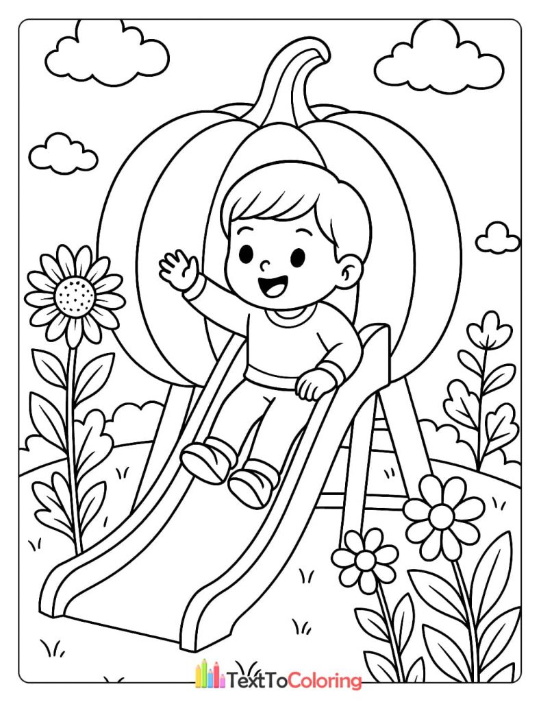 A boy waves as he slides down a pumpkin-shaped playground slide.