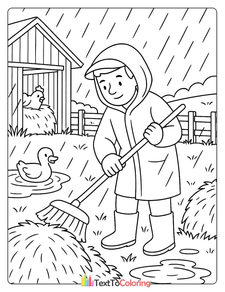 A black and white coloring page showing a boy in a raincoat and boots sweeping the farmyard with a broom. A duck is swimming in a puddle, and a chicken is peeking out from a coop.