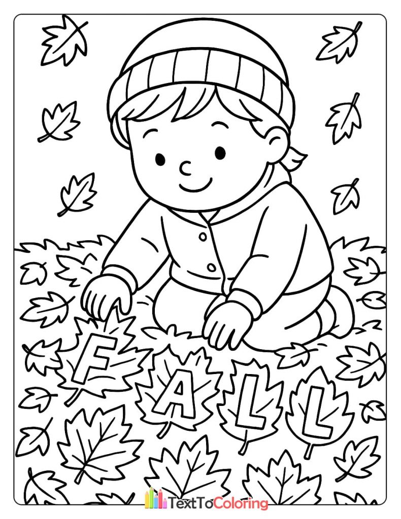 A playful coloring page of a boy kneeling in a pile of leaves, with the word "FALL" spelled out among them.