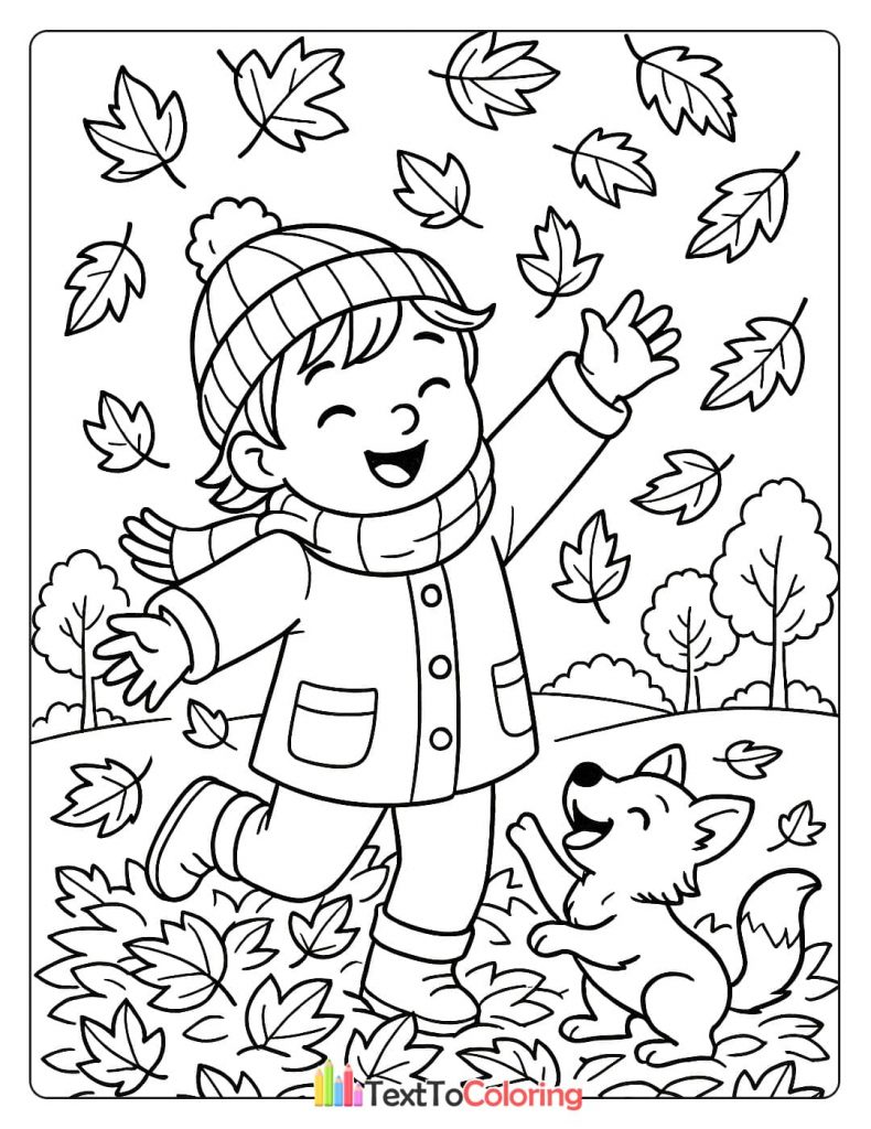 A cute coloring page of a smiling boy and a fox playing together among a pile of fall leaves.