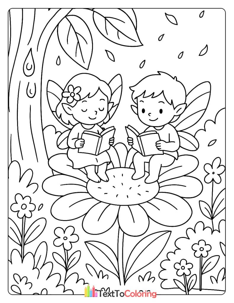 Adorable coloring page of a boy and girl fairy with wings reading books together on a large flower.