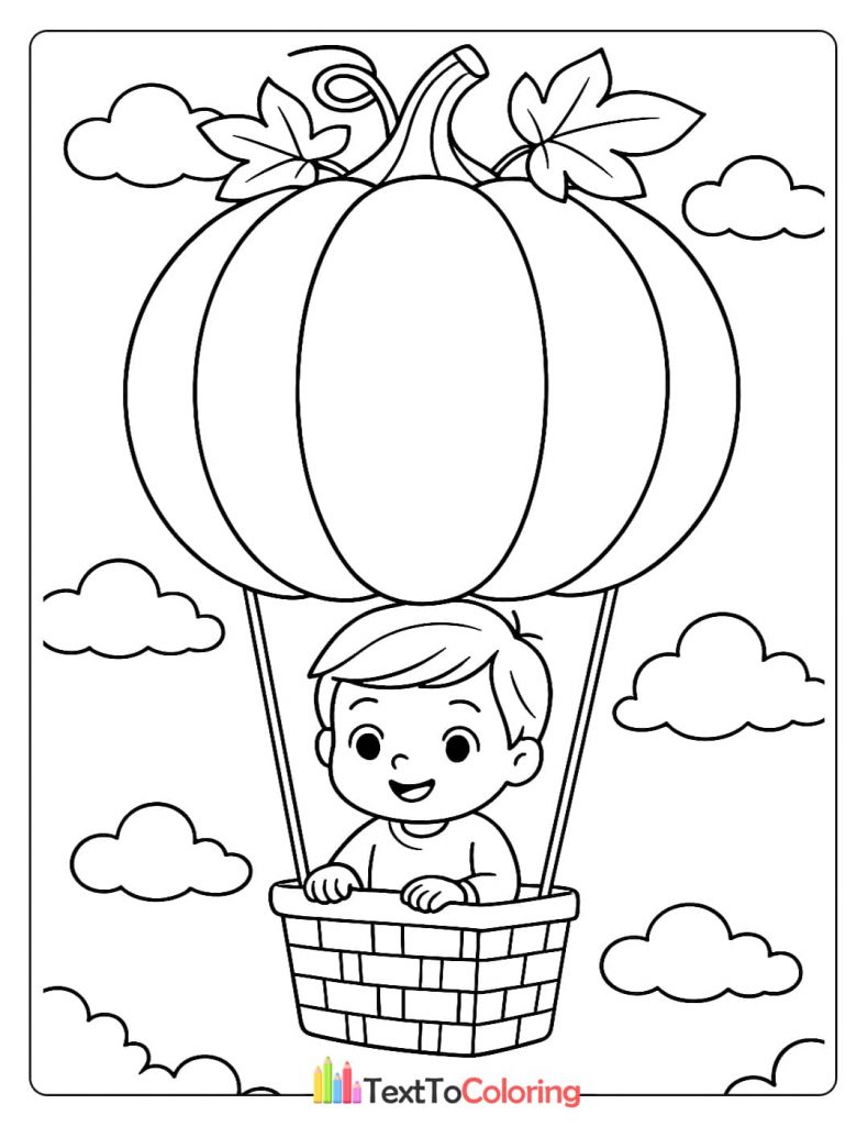 A happy boy is smiling while floating in a pumpkin-shaped hot air balloon.