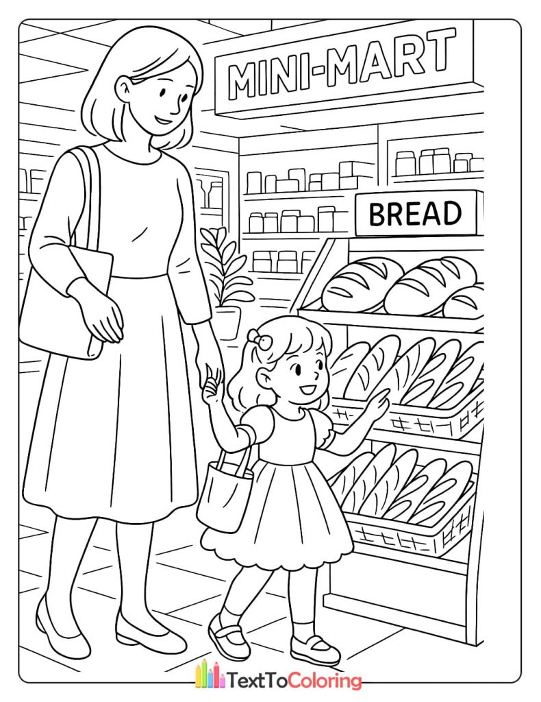 A mother and her daughter are shopping in the bread aisle of a mini-mart, with the girl happily touching a loaf of bread.