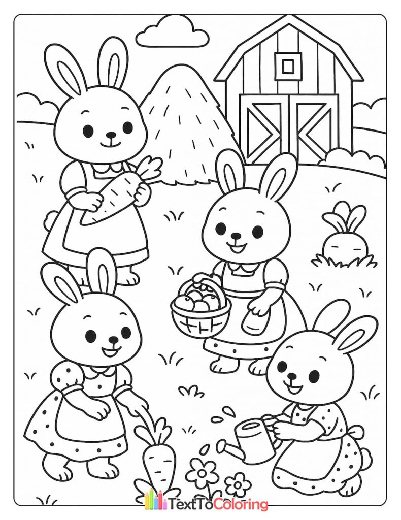 A coloring page of four cartoon bunnies in a garden, with one bunny holding a carrot, another with a basket of eggs, and two bunnies planting and watering a carrot patch.