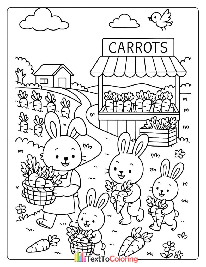 A printable coloring page of a family of rabbits harvesting carrots from a field and selling them at a market stall.