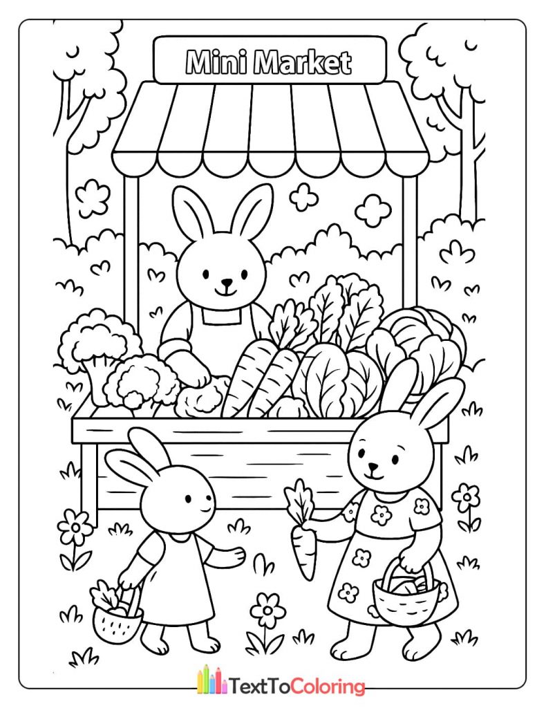 A printable coloring page of two bunnies shopping and one bunny selling fresh vegetables at a "Mini Market."
