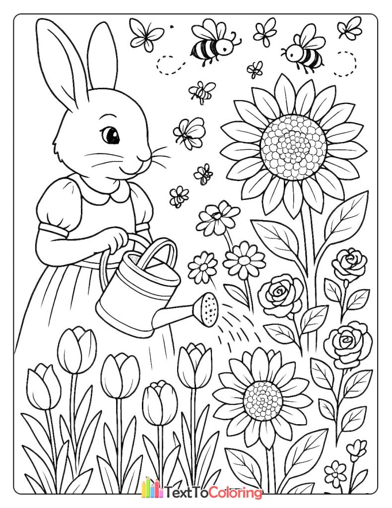 Cute coloring page of a bunny rabbit in a dress watering tulips and sunflowers with bees flying.