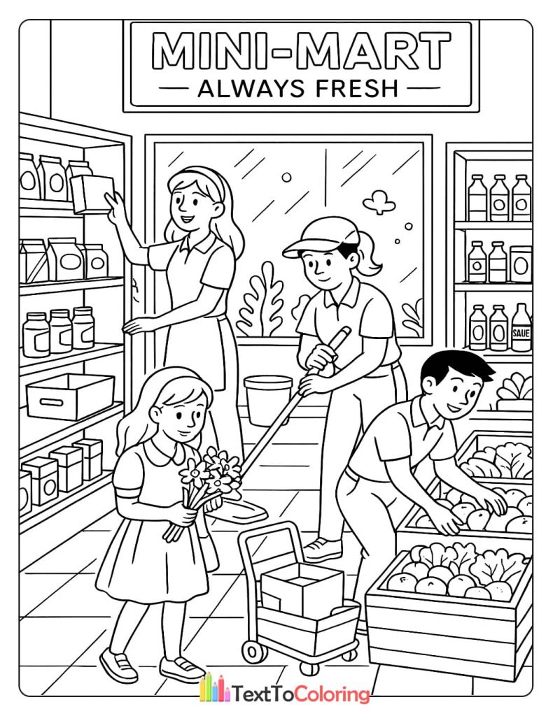 Mini-mart employees stocking shelves and cleaning the floor, with a girl holding a bouquet of flowers. The sign says "Mini-Mart - Always Fresh".