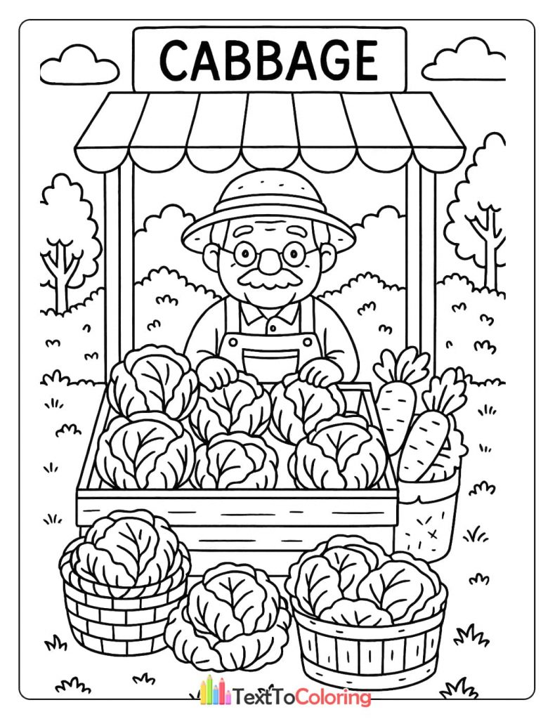 A printable coloring page of an elderly farmer selling a large variety of fresh cabbage and carrots at his market stand.
