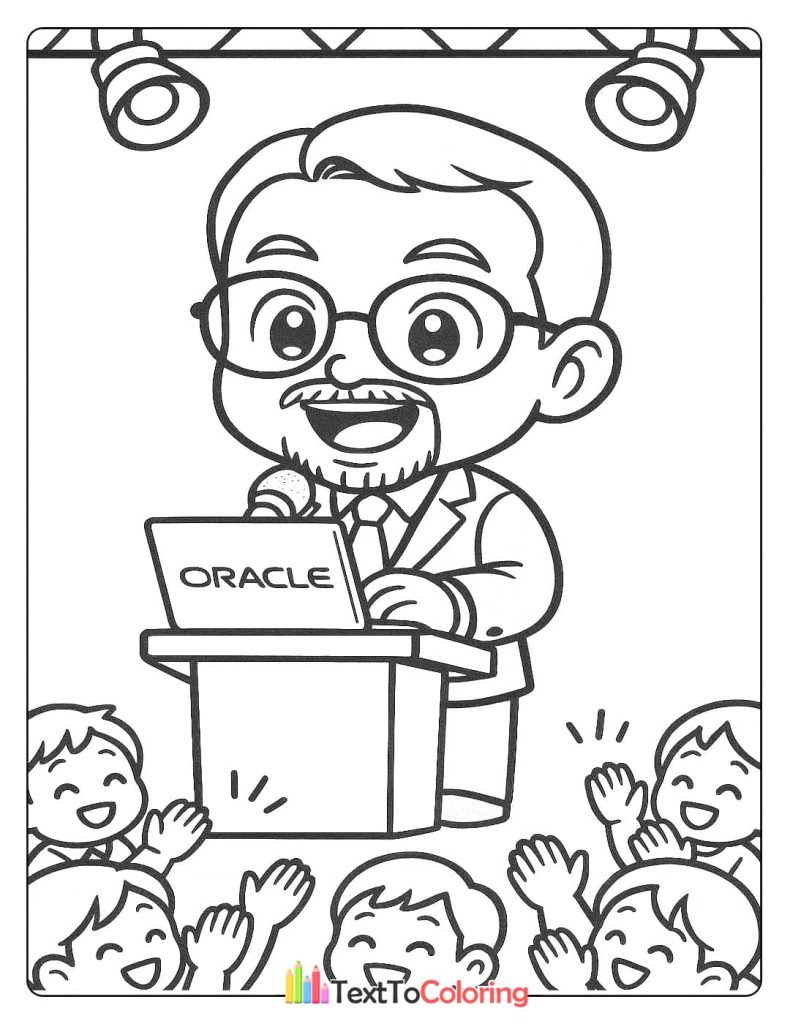 A cartoon coloring page of Larry Ellison speaking at a podium with an Oracle laptop in front of a cheering crowd.