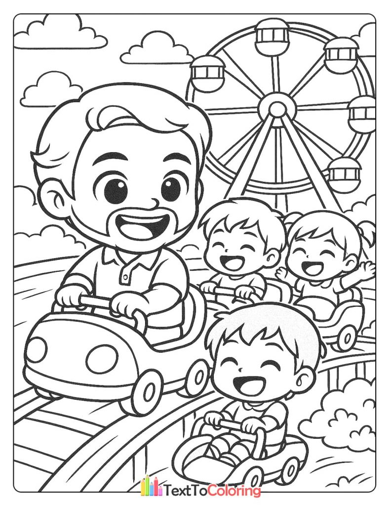 A cartoon-style coloring page of Larry Ellison riding a rollercoaster with his children at a carnival.