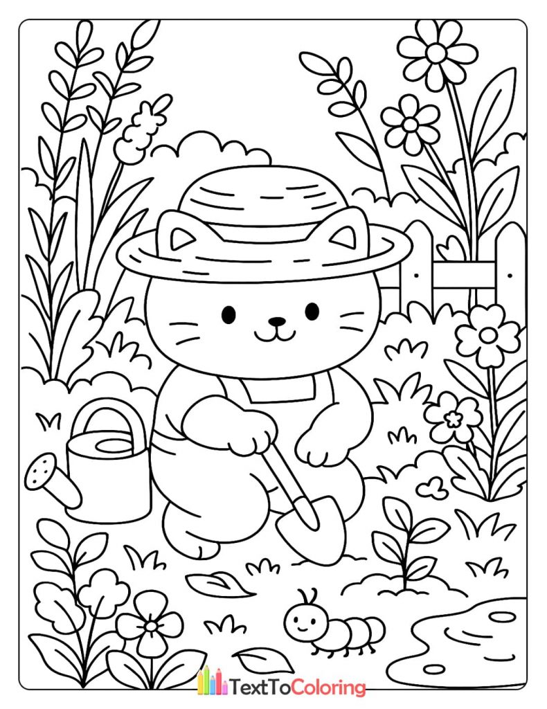 Cute coloring page of a cat wearing a hat and overalls, holding a shovel and gardening.