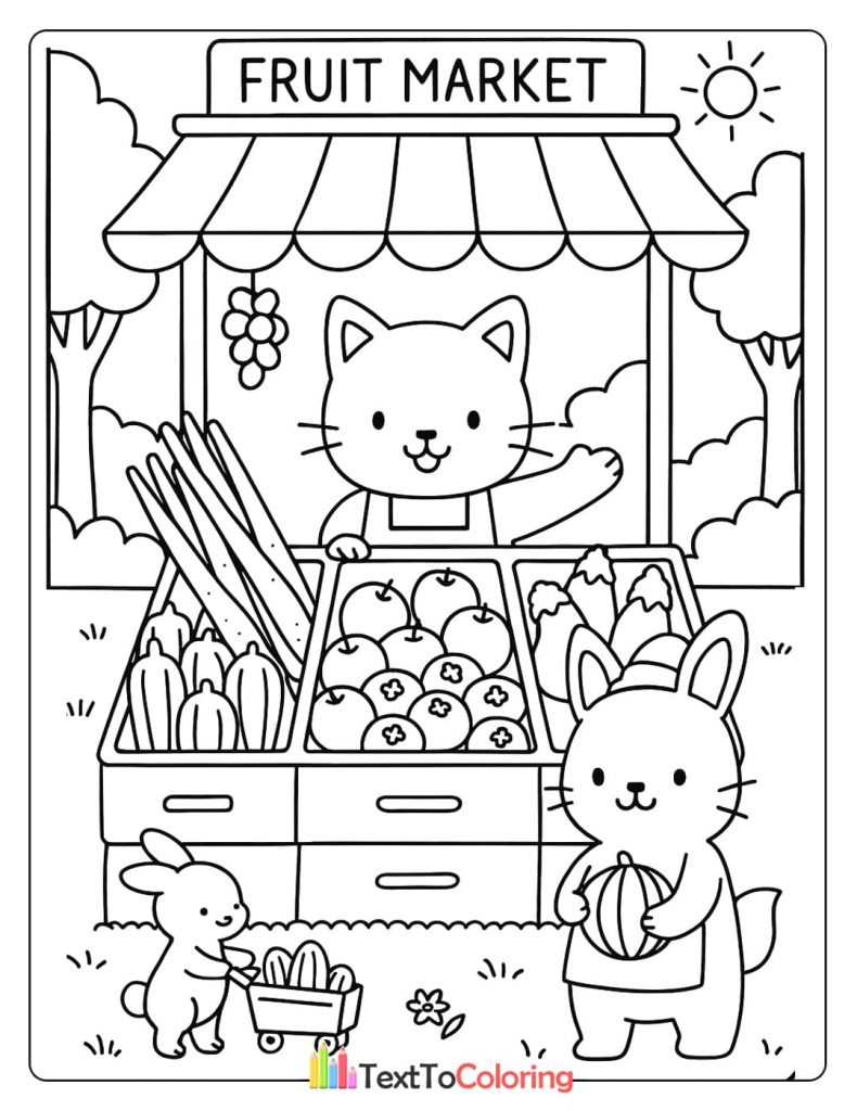 A printable coloring page of a cat selling fruits and vegetables to a bunny at a market stand.