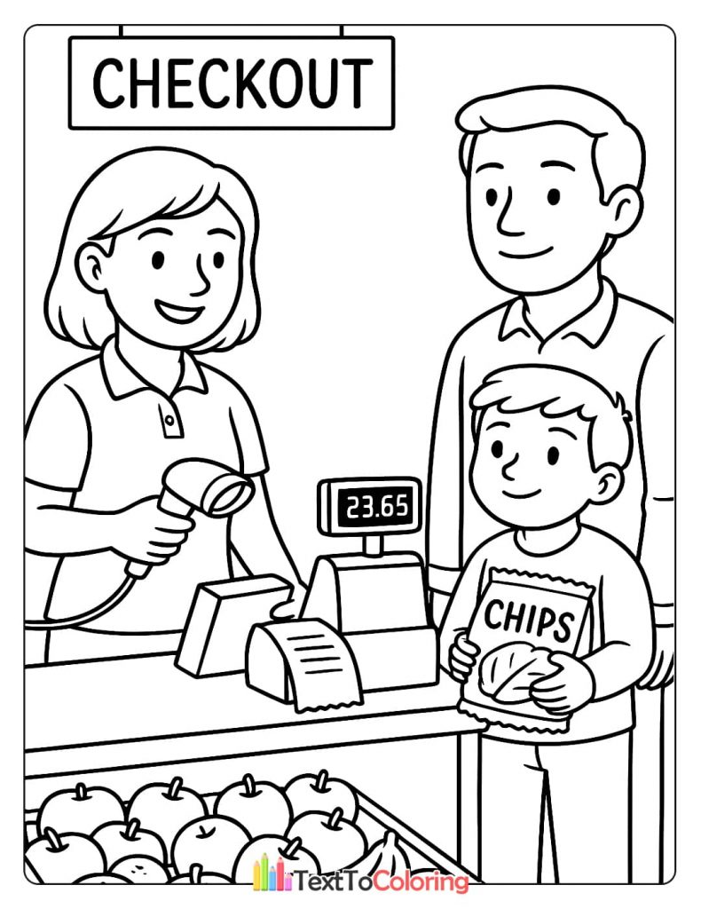 A family at a mini-mart checkout counter. The cashier is scanning items while a boy holds a bag of chips.
