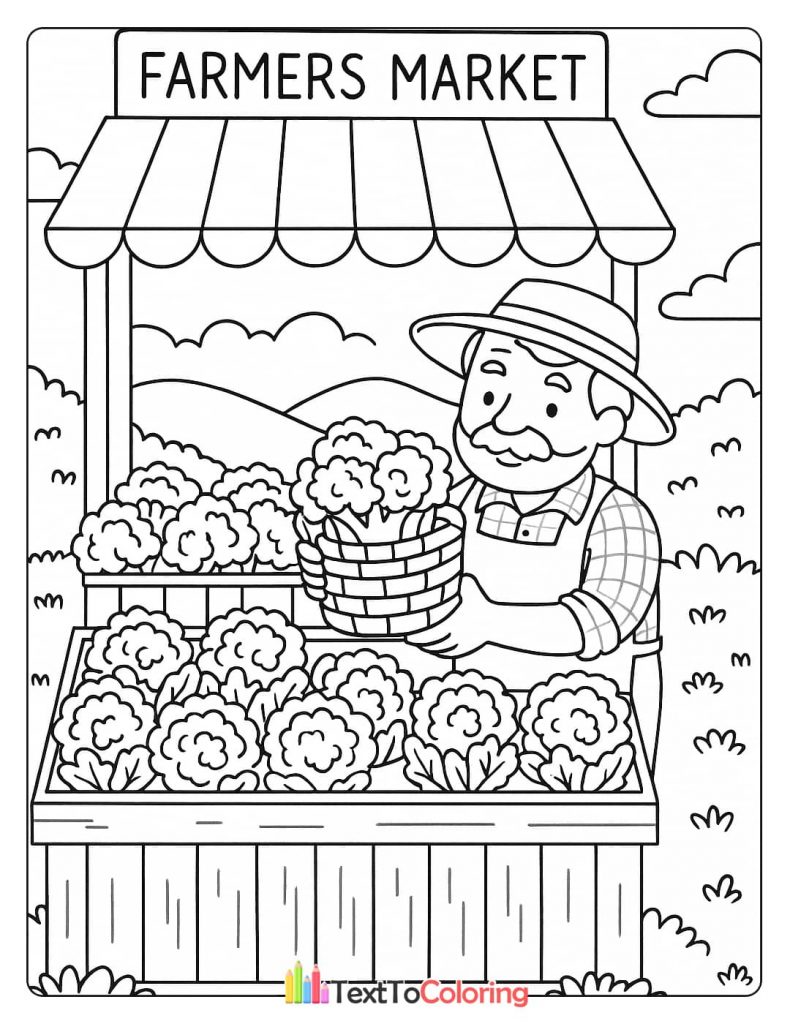 A printable coloring page of a happy farmer with a big mustache holding a basket of cauliflower at his Farmers Market stand.