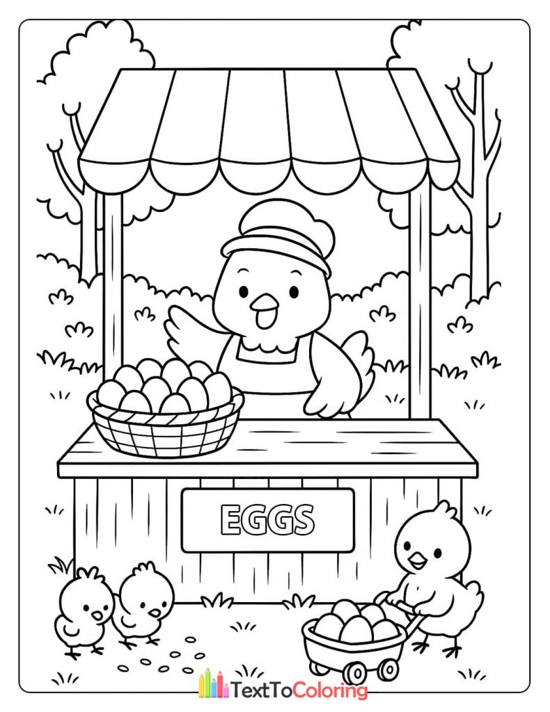 A printable coloring page of a chicken selling eggs, with small chicks around her stand.