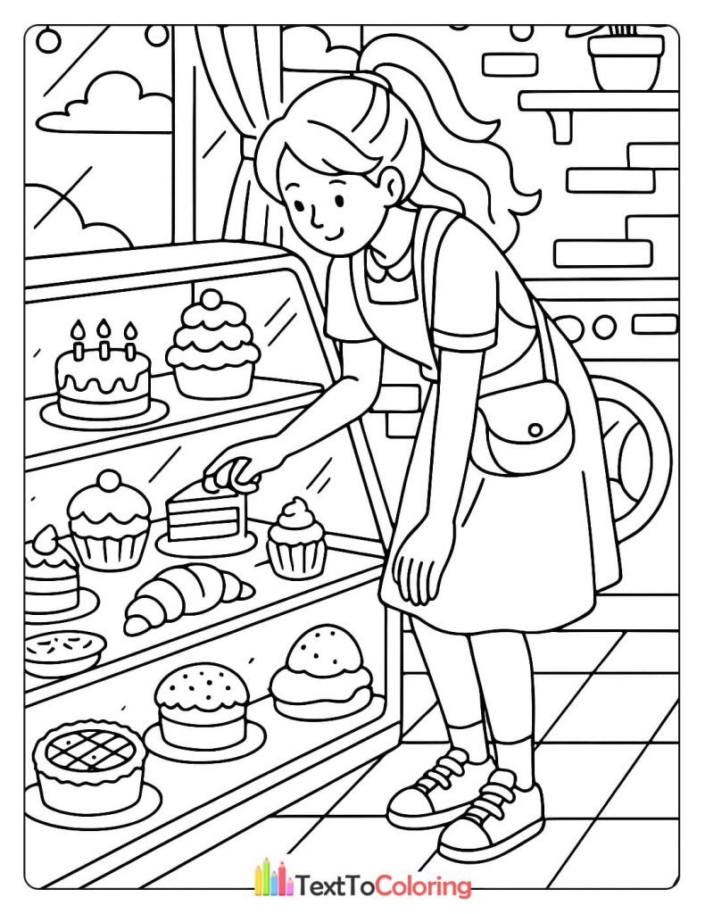 A young woman looks at and chooses a slice of cake from a bakery display case.