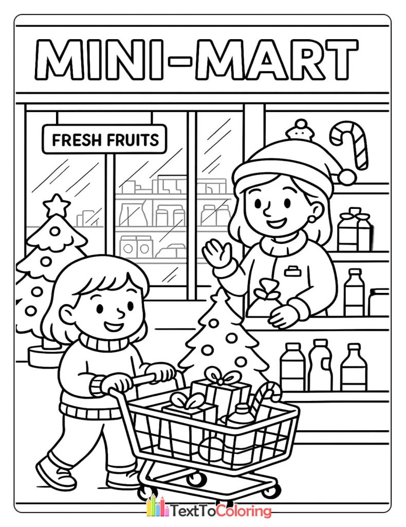 A girl pushing a shopping cart filled with Christmas gifts and a candy cane outside a mini-mart decorated for the holidays.