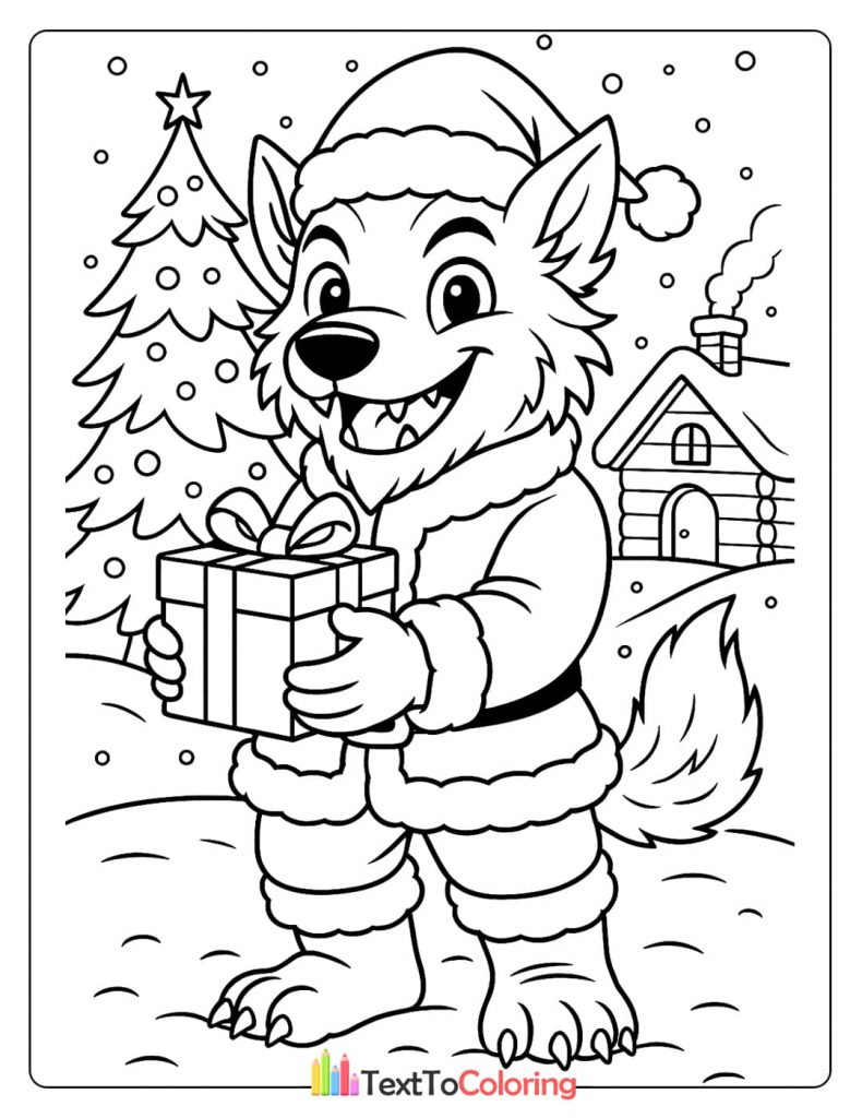 A joyful werewolf wearing a Santa hat and suit, holding a wrapped Christmas present.