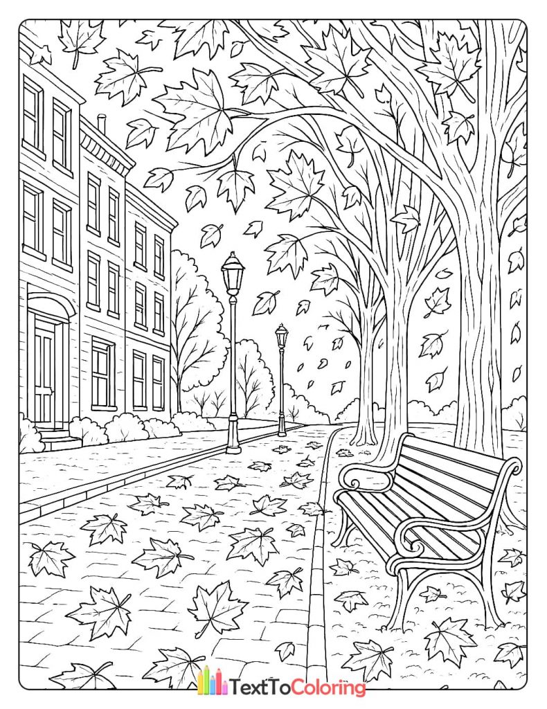 A coloring page of a peaceful city park scene with a bench, trees, and autumn leaves on the sidewalk.