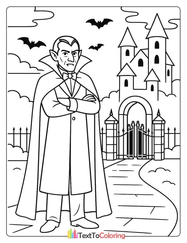 Dracula standing outside his spooky castle with bats flying
