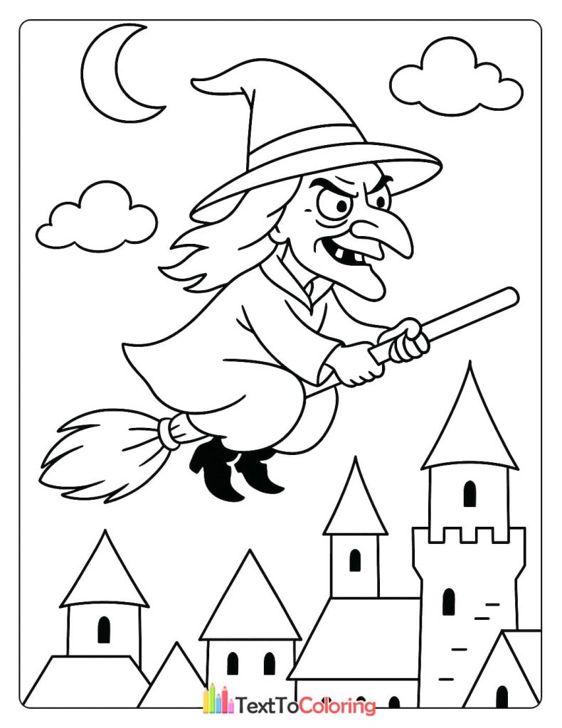 A classic Halloween coloring page of an evil witch flying on a broomstick over a medieval castle.