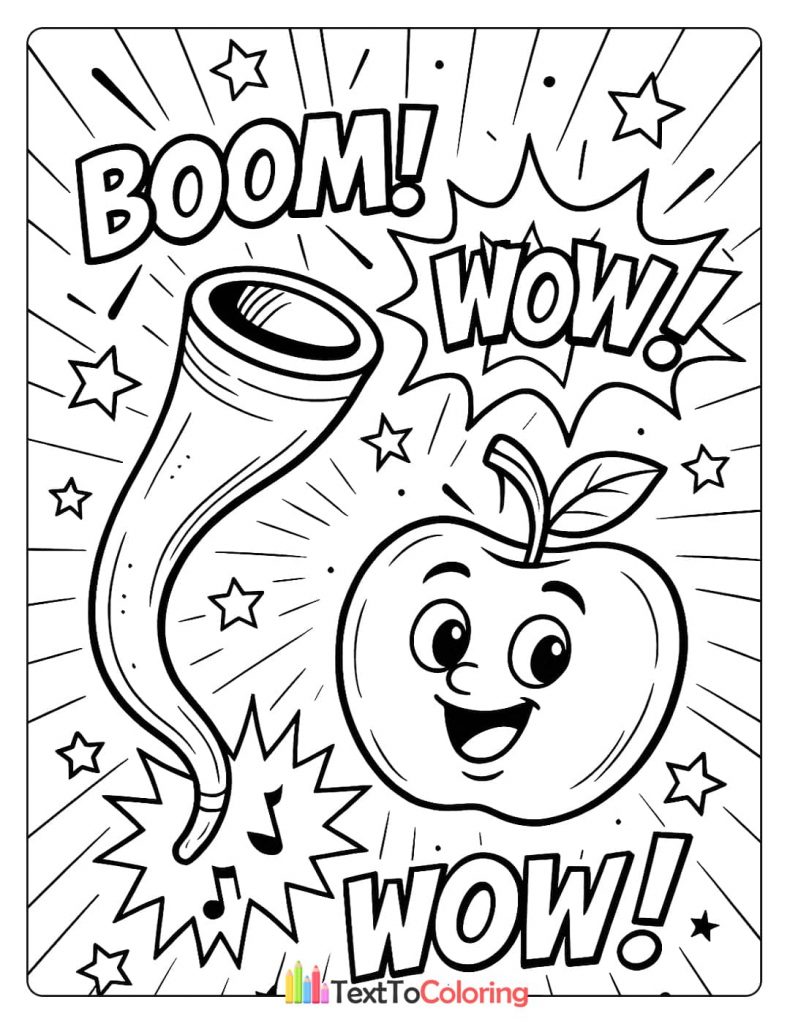 A comic book-style coloring page with a shofar and a happy apple, with the words "BOOM!" and "WOW!".