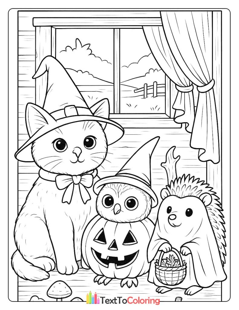 A cute cat wearing a witch hat next to an owl in a pumpkin and a hedgehog holding a basket.