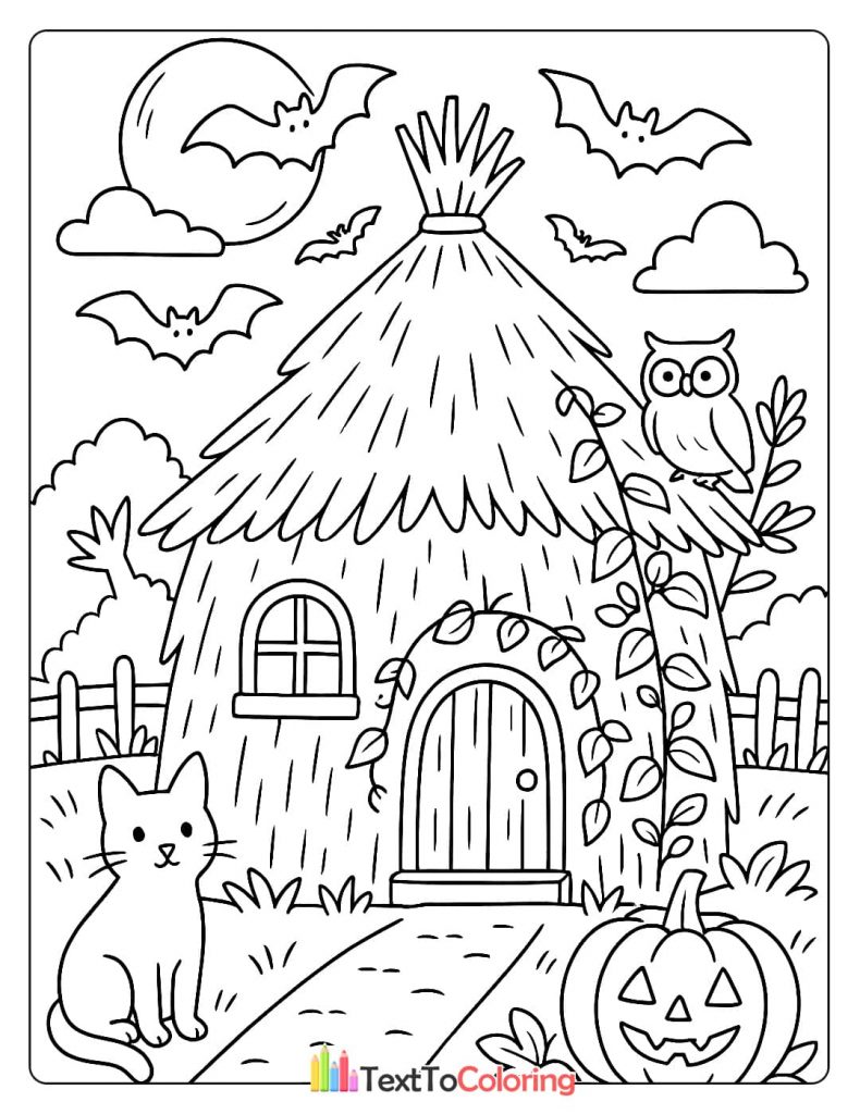 A cat and an owl in front of a cozy hay bale house with a jack-o'-lantern, under a full moon with bats.