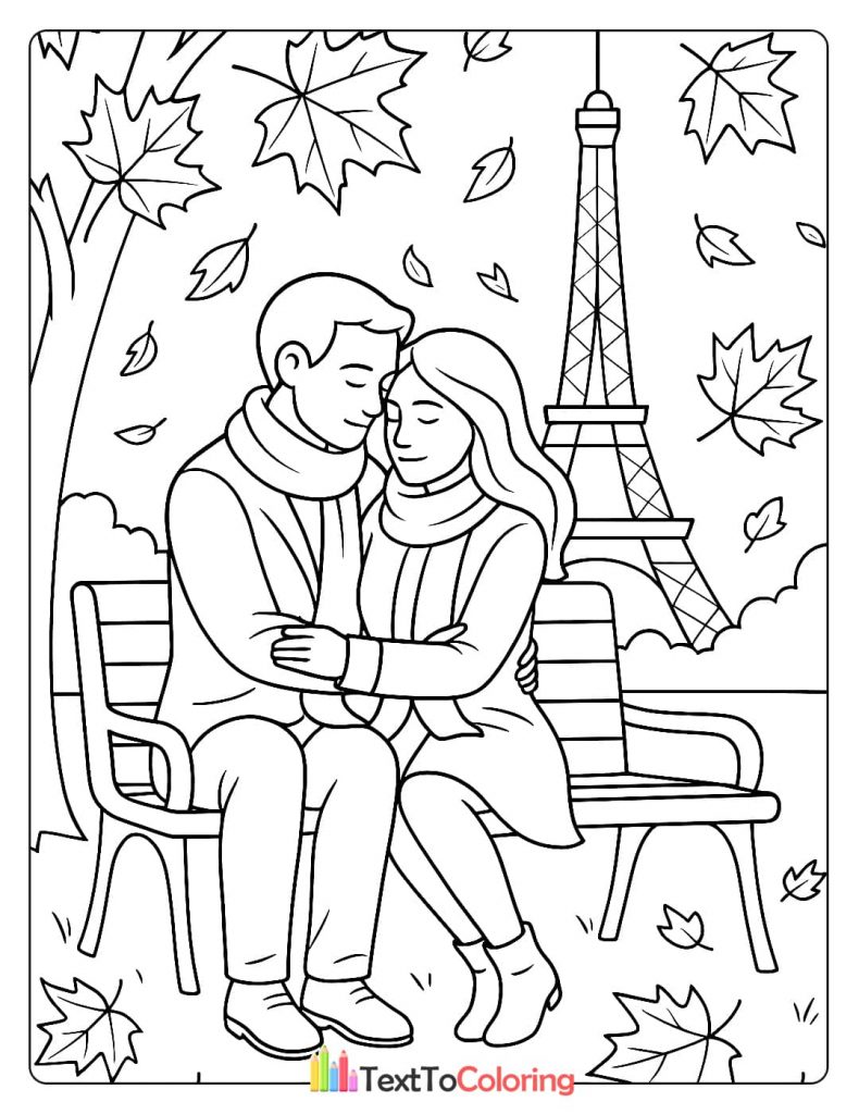 A romantic coloring page of a couple embracing on a park bench in Paris with the Eiffel Tower in the background, surrounded by fall leaves.