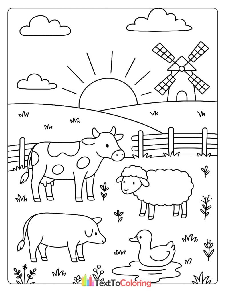 A coloring page featuring a cow, a sheep, a pig, and a duck in a grassy field with a fence and a windmill in the background.