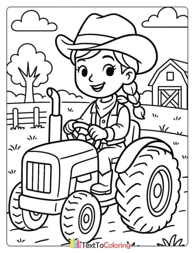 A coloring page of a girl with a cowboy hat and braids, smiling as she drives a tractor in the field in front of a barn.