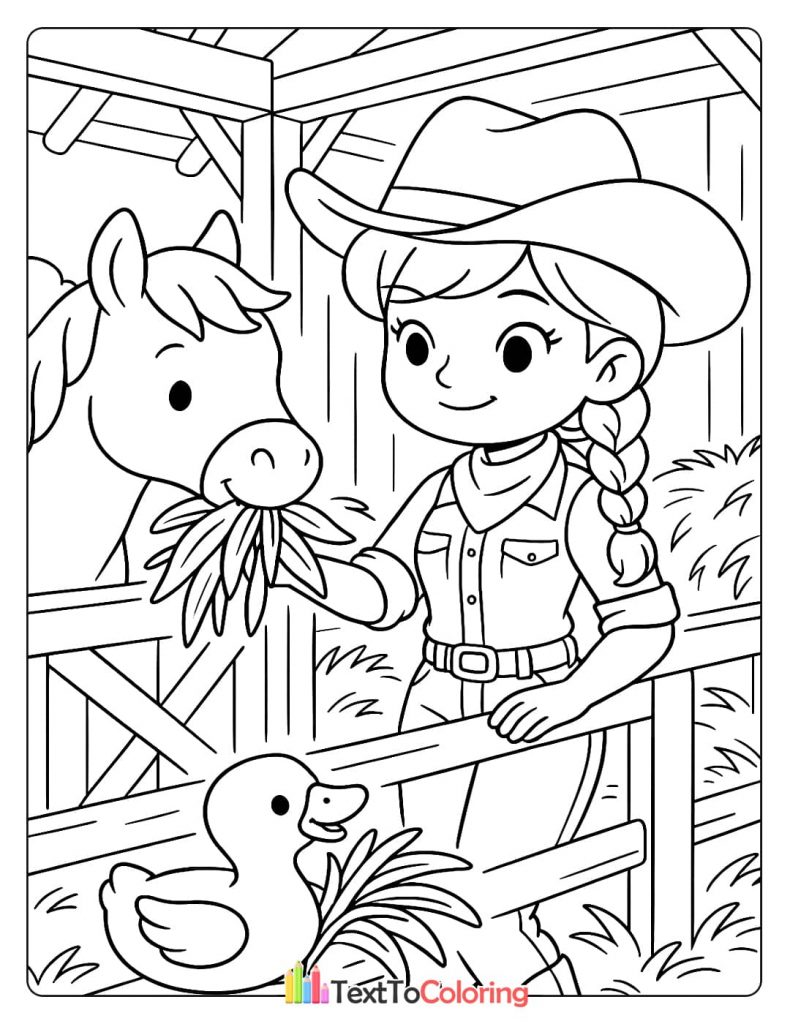A coloring page of a cowgirl with a braid and a cowboy hat, feeding hay to a horse in its stall, with a duck in the foreground.