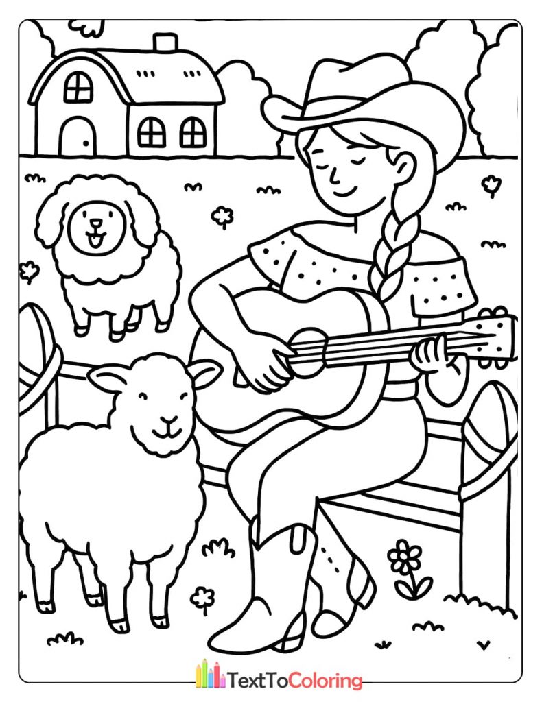 A girl in a cowboy hat and boots plays a guitar to two sheep in a field.