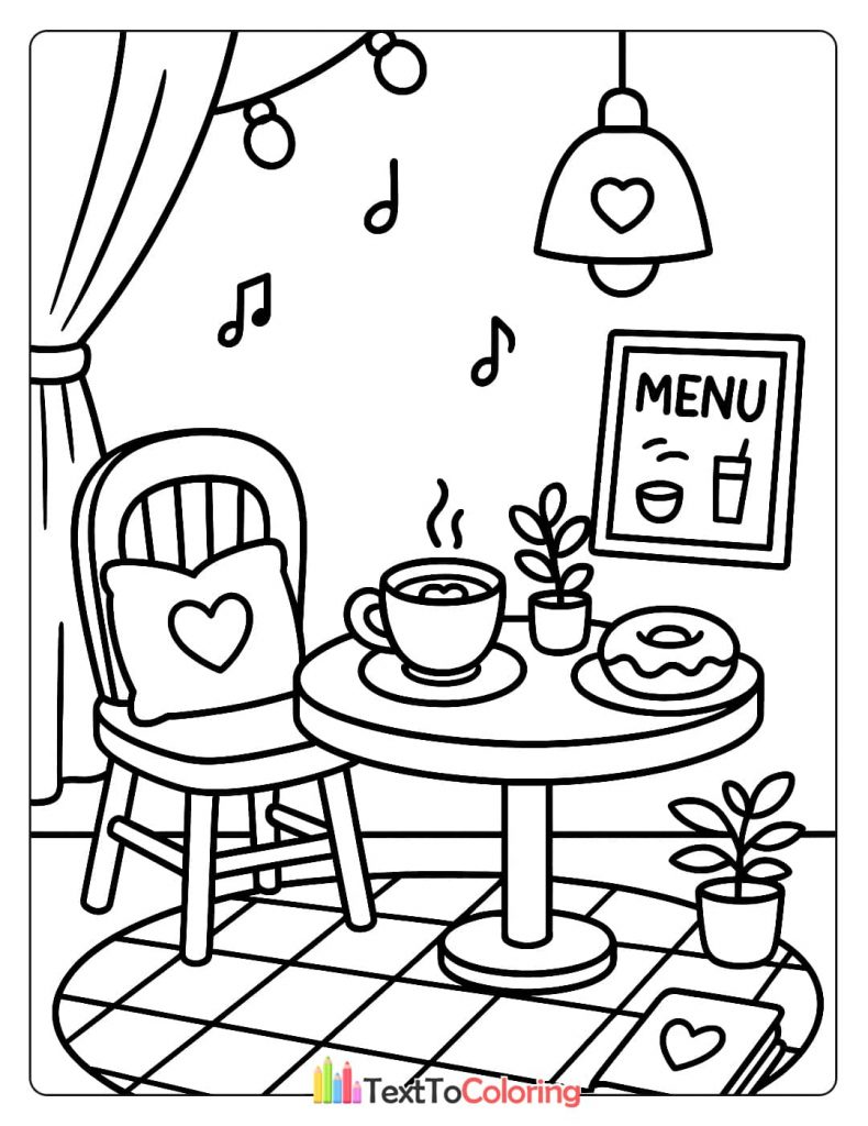 A charming cafe scene for coloring, with a small table, a chair with a heart pillow, a cup of coffee, and a donut.