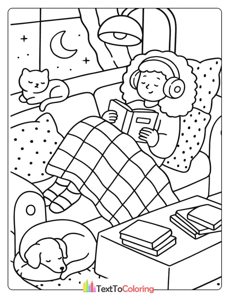 A young woman reads a book while cuddling with her puppy and a hot cup of tea.