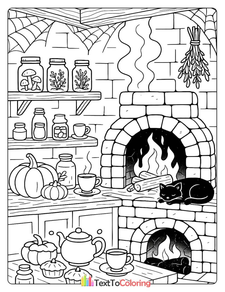A cozy witch's kitchen with a fireplace, pumpkins, jars of ingredients, and a black cat.
