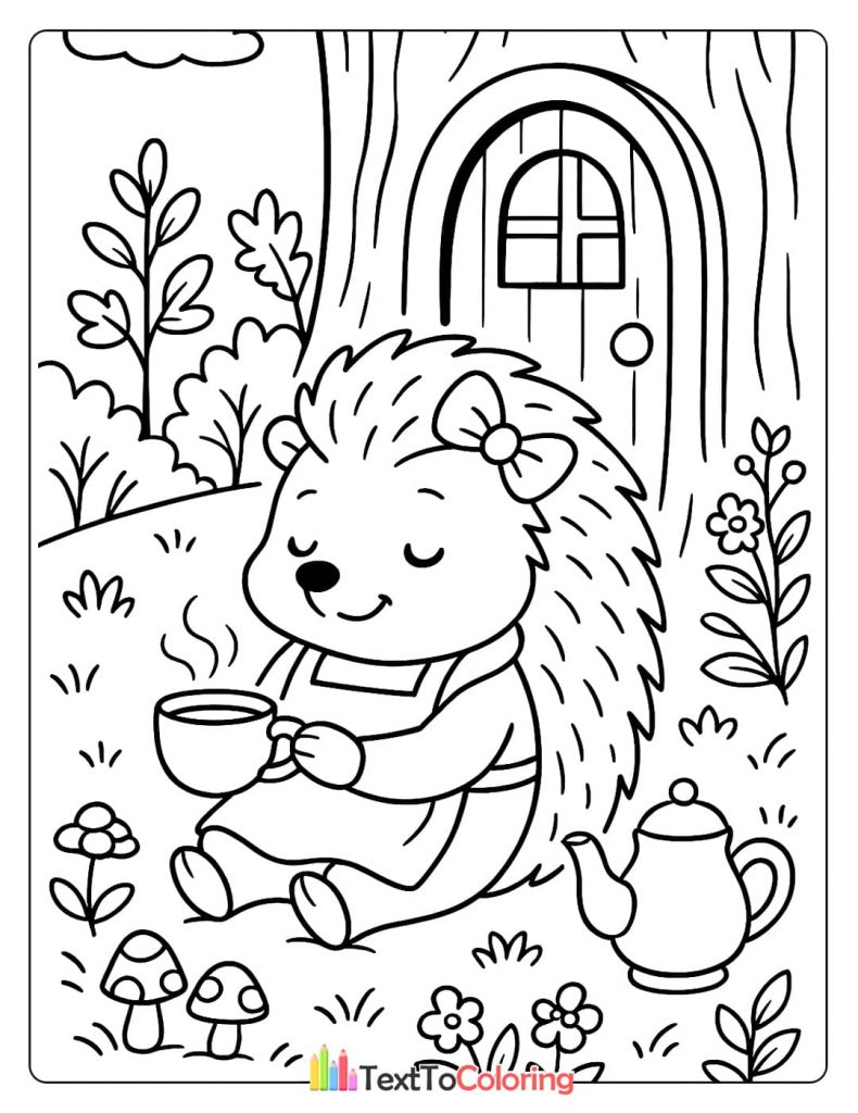 A charming hedgehog sitting outside a tree trunk home, sipping from a teacup with a teapot and mushrooms nearby.