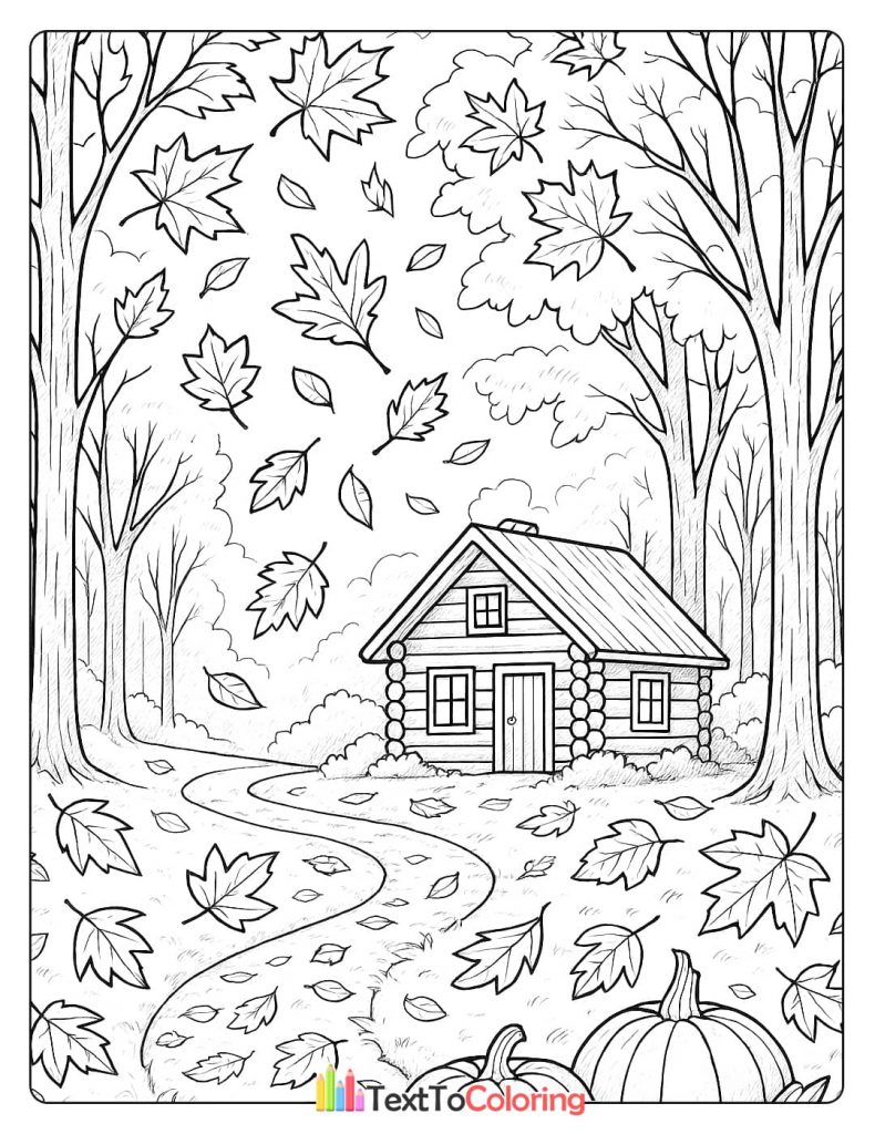 A coloring page of a log cabin nestled in a forest with pumpkins and falling autumn leaves.