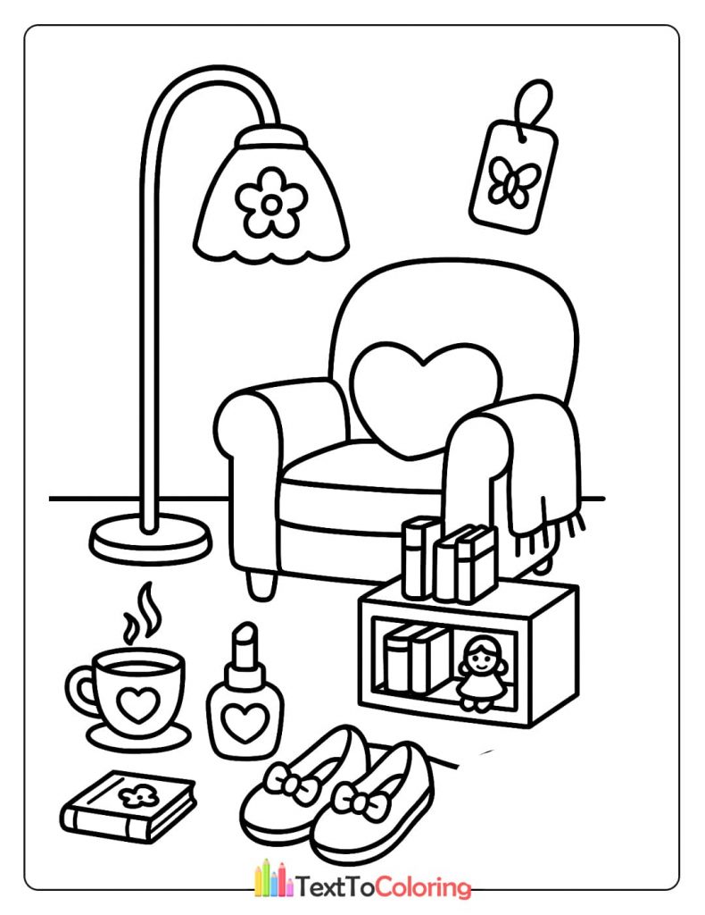 A detailed coloring page of a cozy relaxation area with an armchair, a floor lamp, and a table with nail polish, a book, and a cup.