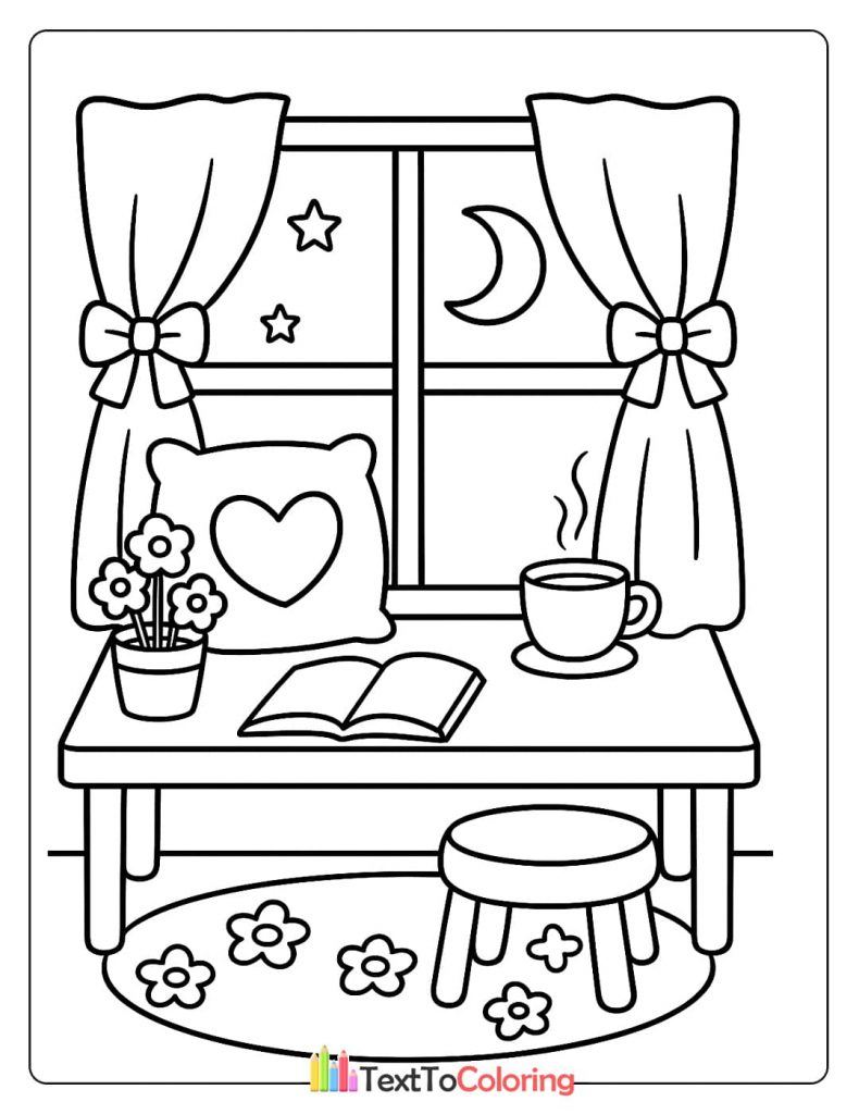 A cozy night scene for coloring, featuring a table with a pillow, a book, a cup of tea, and a moon outside the window.