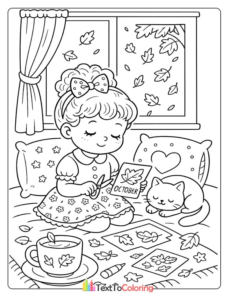 A girl cutting out a paper leaf that says "October," with a sleeping cat and a cup of tea nearby.