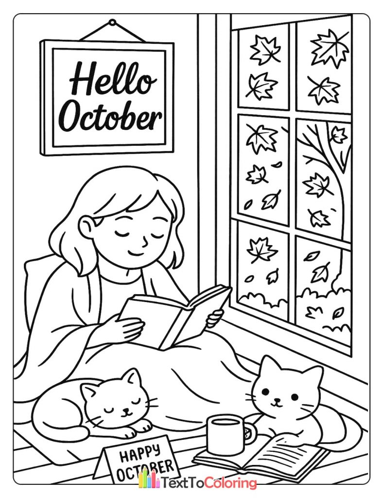 A girl relaxing and reading a book by the window, with two cats and a sign that says "Hello October."