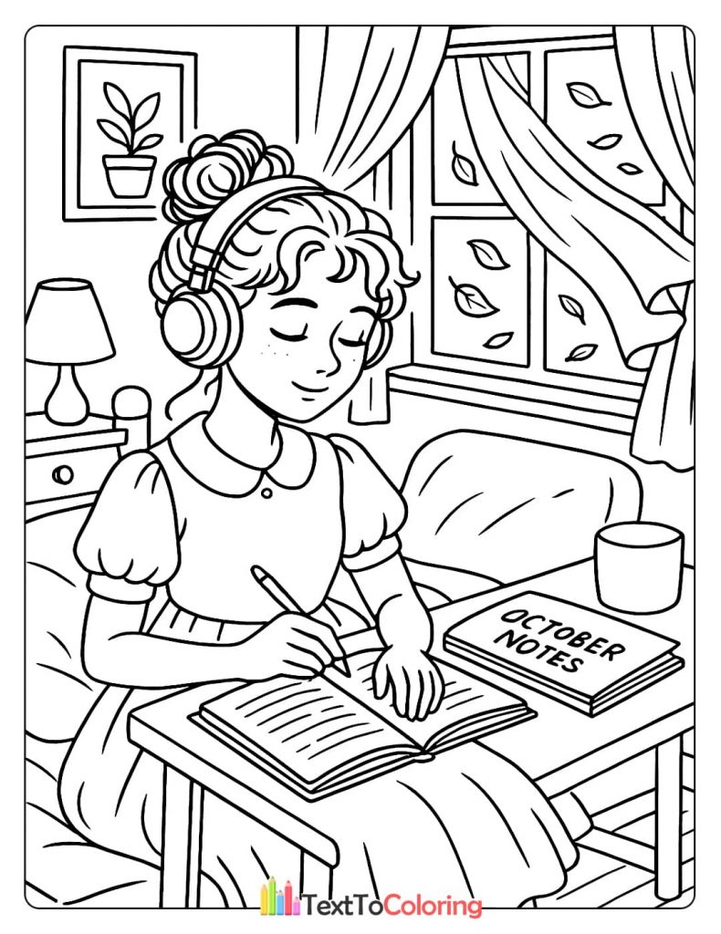 A girl with headphones on, writing in a notebook titled "October Notes" by a window with falling leaves.