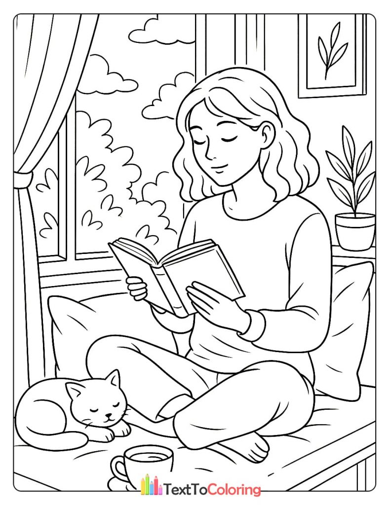 A person sits on the floor by a window, reading a book with a cat sleeping next to them.