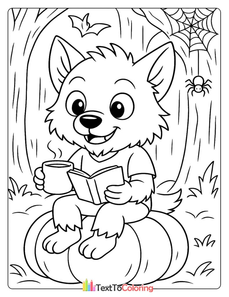 A sweet werewolf with a cup of hot cocoa, reading a book while sitting on a pumpkin.