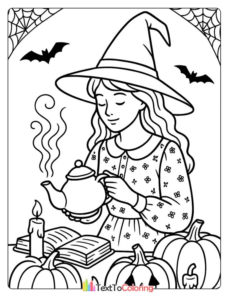 A witch with a floral dress and witch hat holding a steaming teapot with pumpkins and an open book on the table.