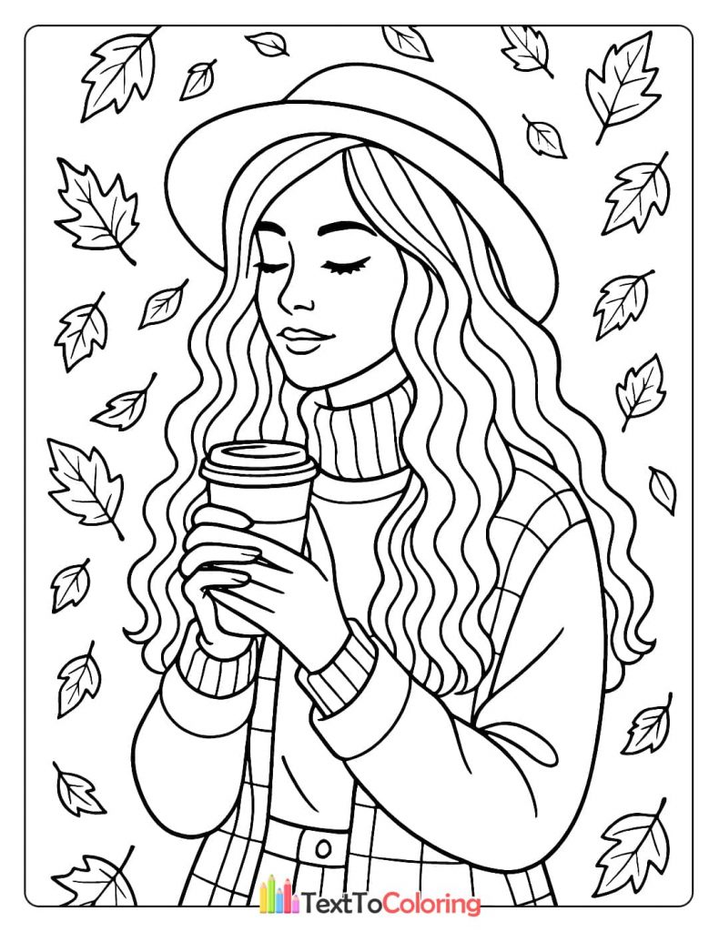 A fashionable coloring page of a woman in a hat and sweater holding a warm drink, surrounded by fall leaves.