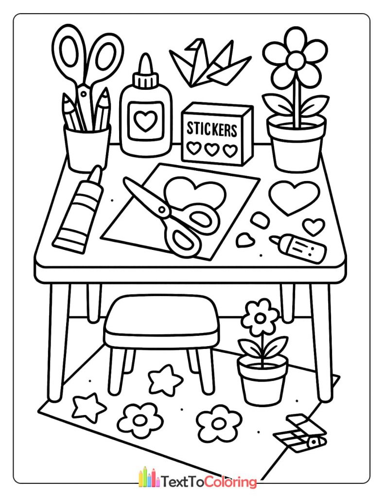 A fun crafting desk scene for coloring, with scissors, glue, stickers, potted plants, and paper cutouts.